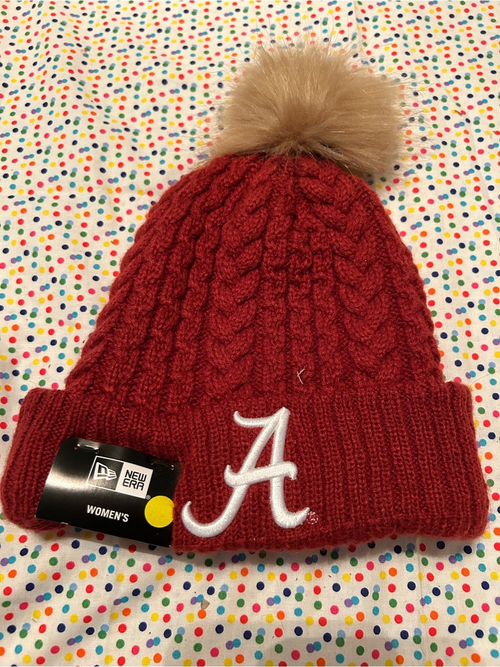 New Era Women's Crimson Red Cable Knit Beanie with Tan Pom